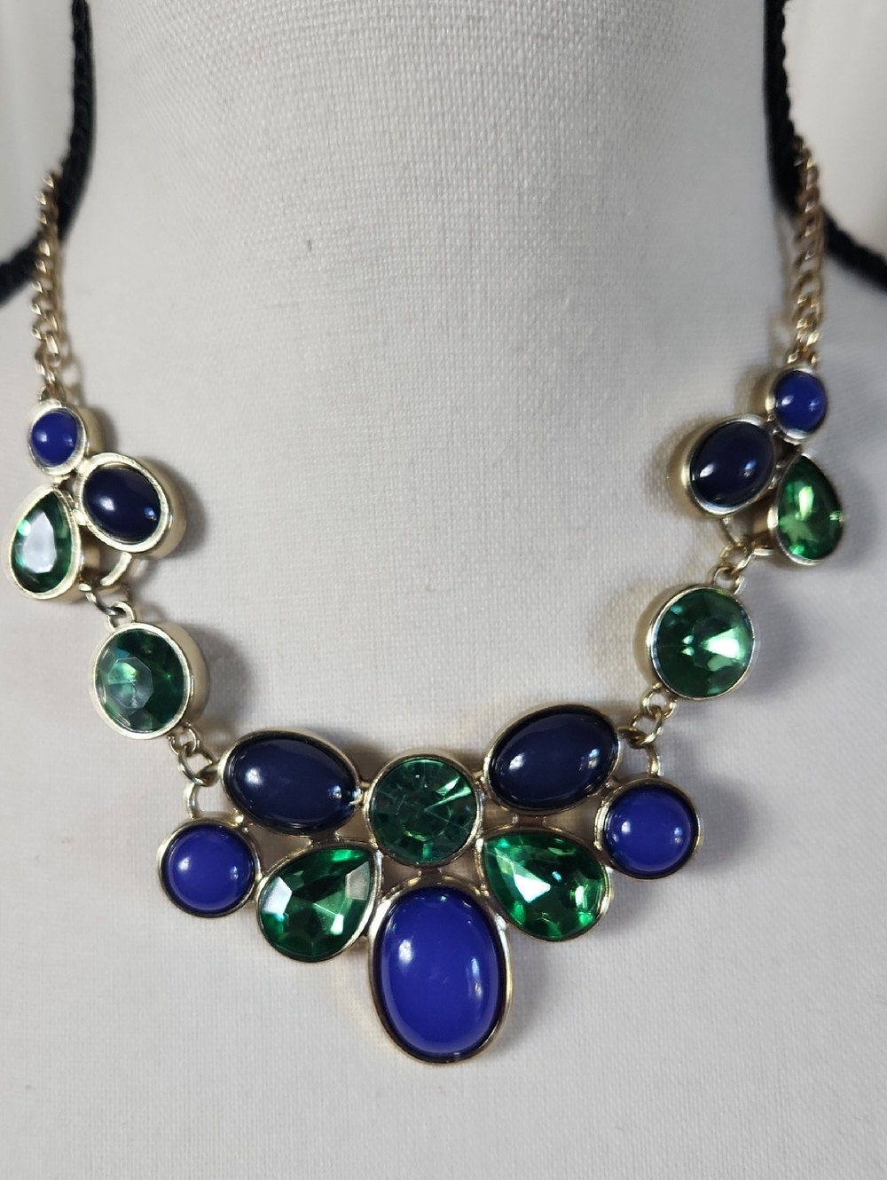 Vintage, Blue and Green Statement Bib Necklace - Gold Tone
